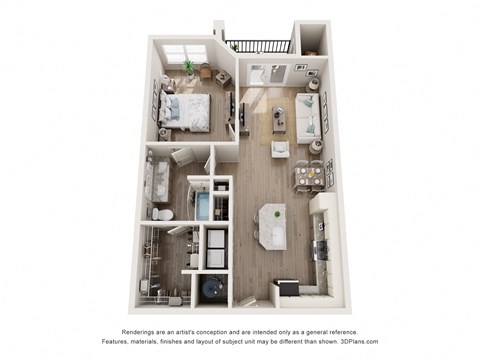 a stylized floor plan of a 1 bedroom unit with a bathroom
